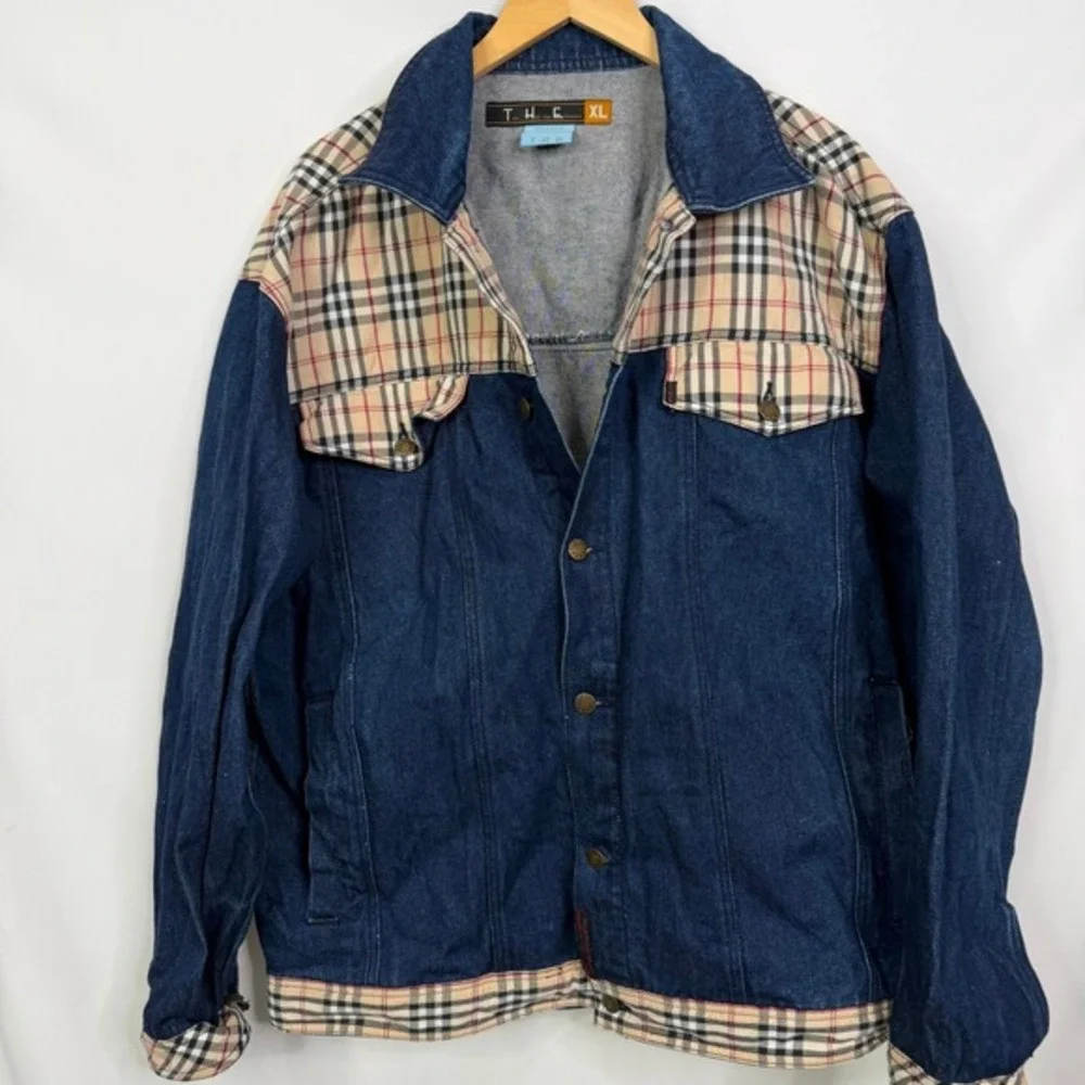 Y2K The Hip-hop Elements T.H.E. Denim Trucker Jacket Plaid Nova Check Mens‎ XL